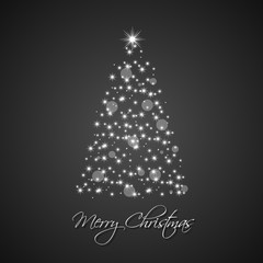 Christmas tree from stars on black background, holiday greeting card with merry christmas sign