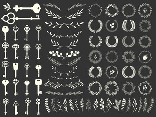Vector illustration with design illustrations for decoration. Big silhouettes set of keys, wreaths, illustrations, branch on black background. Vintage style.