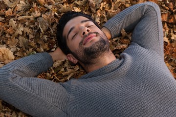 Man sleeping on autumn leaves
