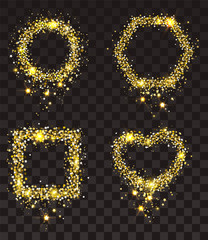 Gold stars on transparent background. Set of frame of gold stars: rectangle, heart shape, circle, hexagon