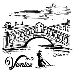 Ink drawing of The Bridge of Rialto, Venezia, Italy vector sketch illustration Venice - obrazy, fototapety, plakaty
