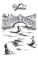 Ink drawing of The Bridge of Rialto, Venezia, Italy vector sketch illustration Venice