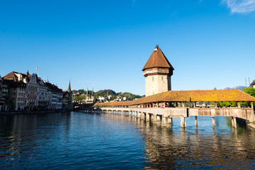 Kapellbrucke or Chapel bridge, old wooden footbridge lays across the Reuss river in downtown of...