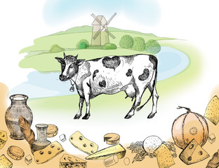 The picture of the cow and different varieties of cheese in the background a rural landscape.Can be used for advertising of dairy products.