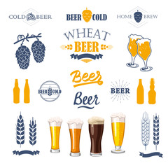 Vector Illustration with beer pub logo and labels. Simple symbols glass, bottle. Traditions of drink. Decorative elements for your design. Black white style.