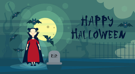 Naklejka premium Happy Halloween Greeting Card Dracula Vampire At Night On Cemetery Graveyard Banner Flat Vector Illustration