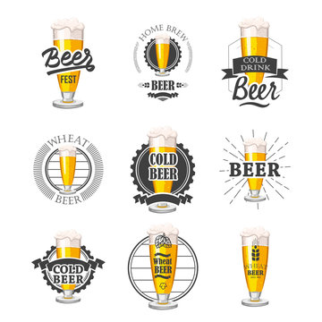 Vector Illustration with beer pub logo and labels. Simple symbols glass, bottle. Traditions of drink. Decorative elements for your design. Black white style.