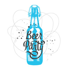 Drink menu. Vector illustration with bottle in sketch style for pub. Beer party poster. Alcoholic beverages. Handwritten ink lettering.