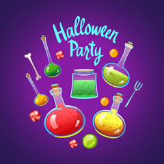Happy Halloween composition. Funny vector illustration with multicolored potion for holiday in cartoon style.