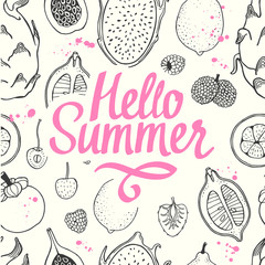 Seamless nature pattern with sketch of fruit. Black vector line illustration of papaya, fig, pear, peach, mangosteen, lychee on white background. Tropical food.