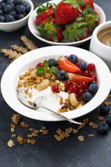 muesli with fresh berries and yogurt for breakfast, vertical, top view