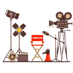 Obraz premium Film directors workplace Chair, Megaphone,Searchlight and clapboard. Work on the set of the film. Flat vector cartoon illustration.