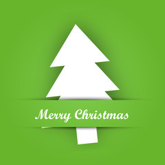 Fototapeta premium Christmas card paper pocket with white tree papercut and Merry Christmas label on green background.