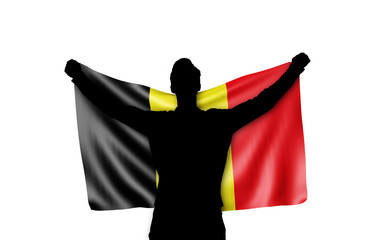 Male silhouette holding Belgium national flag. 3D Rendering