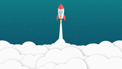 Fototapeta na wymiar Red cartoon rocket. Background for your projects. White clouds. Advertising poster for the site. Vector illustration