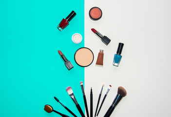 Set cosmetics makeup, brush, eye shadow and lipstick, colourful background.  Lifestyle Concept