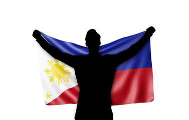 Male silhouette holding Philippines national flag. 3D Rendering
