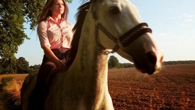 Young woman riding horse on country field during sunset, slow motion