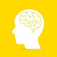 Silhouette head with the brain on the yellow background. Vector illustration
