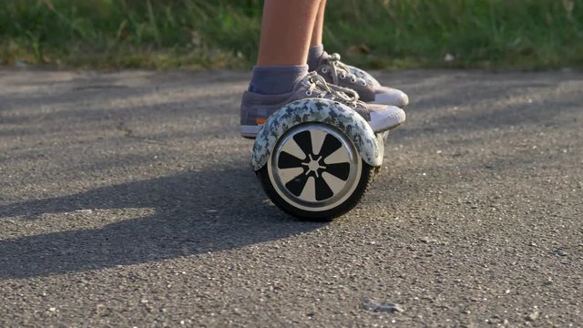 Riding gyroscooter or hover board. UHD, 4K