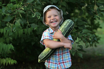 A small laughing emotional boy is busy harvesting. The kid in the plaid shirt is pleased with helping his father work on the farm.