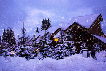 A fairy-tale house in the woods amid the snow-covered fir trees, Christmas landscape. Winter nature.