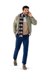 Fototapeta premium Man talking on mobile phone against white background