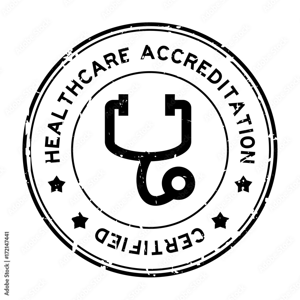 Sticker Grunge black healthcare accreditation with stethoscope icon round rubber seal stamp on white background