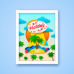Vacation on the island postcard. Paper style covers summer . Vector illustration