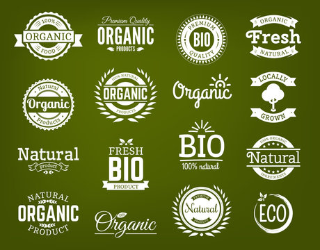 100% organic logo. Collection of healthy organic food labels, logos, badges and signs for identity and packaging of natural, organic, premium quality products. Vector set.