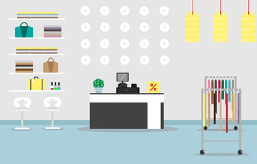 Illustration of the interior of a clothing store in a shopping center with hangers, racks, shelves, cash register, and other items with gray background