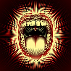 Naklejka premium Open mouth with teeth and tongue on radiant beams background in retro stamping hand drawing style. Close-up of shouting screaming mouth with jaw drop. Vector vintage ink illustration of facial gesture