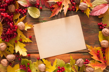 Naklejka na ściany i meble Autumn leaves and berries on wooden background