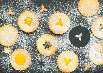 Christmas biscuits (linzer), with lemon and orange jam.