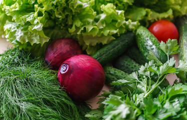 Beautiful green greens with cucumbers and red tomato and onions.