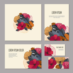 Set floristic elements of corporate identity for flower shop, workshop or salon. Bright abstract flower garland and bird with outlines, vector banners. Brochure, booklet and business card