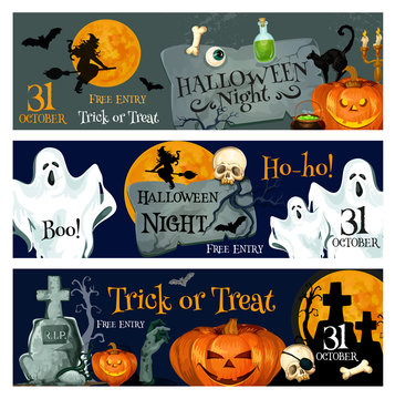 Halloween holiday spooky ghost and pumpkin banner
