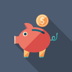 Piggy bank flat square icon with long shadows.