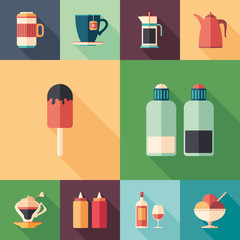 Food and drinks set of flat square icons with long shadows.
