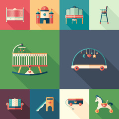 Baby interior set of flat square icons with long shadows.