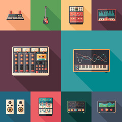 Music and multimedia set of flat square icons with long shadows.