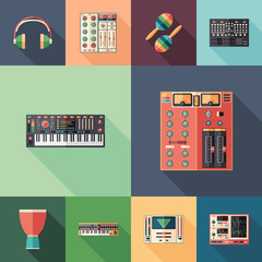 Music studio set of flat square icons with long shadows.