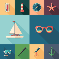 Sea adventures set of flat square icons with long shadows.