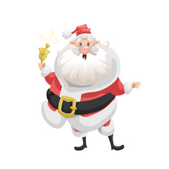 Funny cartoon style singing song Santa Claus with ring bell character icon. Emotion illustration. Christmas seasonal vector. Simple gradient artwork.