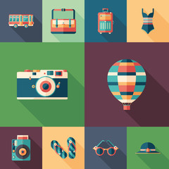 Summer trip set of flat square icons with long shadows.