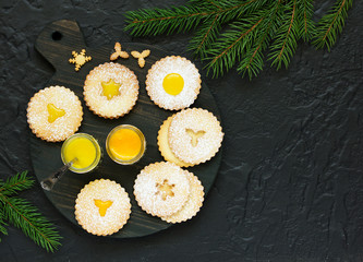 Christmas biscuits (linzer), with lemon and orange jam.