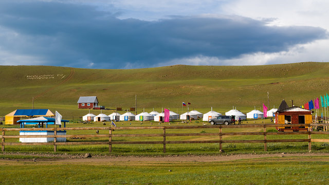Tourist center in Mongolia. Yurts - a traditional home in Mongolia. The picture aspect ratio is 16: 9  