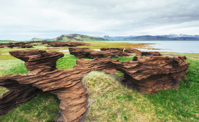 Scenic view of volcanic rocks in Iceland.