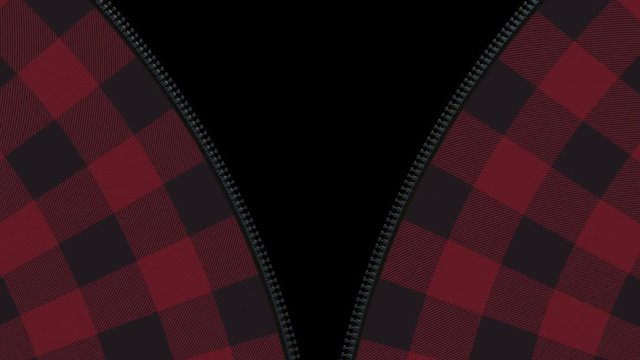 Opening zipper on red and black checkered flannel shirt.