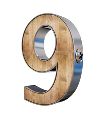 3D "nine" number made of wood and metal, 3d rendering